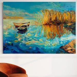 Tablou Canvas Premium LuxCanva® A1096, Doua Barci , Stuf, Lac, Pasari, Culori Vibrante