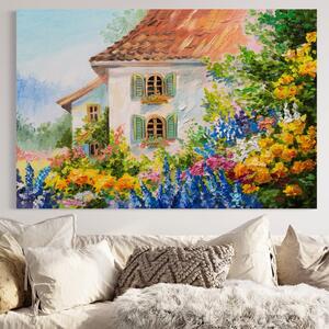 Tablou Canvas Premium LuxCanva® A1109, Casa Din Gradina , Peisaj, Natura, Flori Galbene, Culori Vibrante