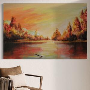 Tablou Canvas Premium LuxCanva® A1102, Apus De Toamna , Peisaj, Padure, Lac, Copaci, Culori Vibrante