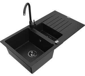 Mexen Matias chiuvetă din granit cu 1,5 compartimente cu picurător și baterie de bucătărie Telma, negru - 6502-77-670200-70-B