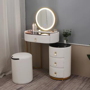 Set RACHEL, Masă de toaletă cu oglindă iluminată bandă LED, control touch, 4 sertare, taburet, Alb