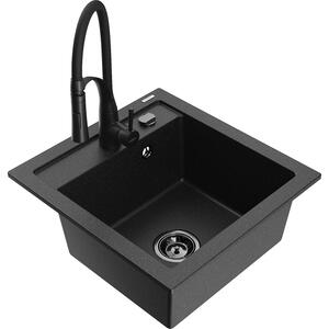 Mexen Vito chiuvetă de granit cu 1 compartiment și baterie de bucătărie Aster, Neagră/Argintiu metalic- 6503-73-73450-70-B