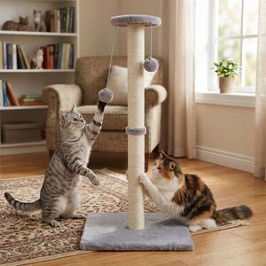 Ansamblu de joacă și stâlp sisal pentru pisici, Jumi, cu clopoței, gri, 81 cm