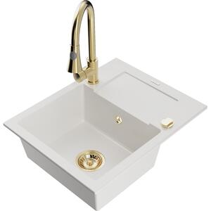 Mexen Enzo chiuvetă de bucătărie granit cu 1 compartiment cu picurător și baterie de bucătărie Elia, alb - 6506-20-670101-50