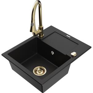 Mexen Enzo chiuvetă din granit cu 1 compartiment și scurgător și baterie de bucătărie Elia, negru - 6506-77-670101-50