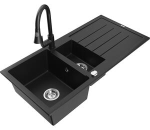 Mexen Andres chiuvetă de granit cu 1,5 cuve, cu picurător și baterie de bucătărie Elia, negru - 6515-77-670101-70