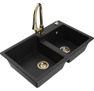 Mexen Tomas chiuvetă de granit cu 2 compartimente, cu baterie de bucătărie Elia, negru - 6516-77-670101-50
