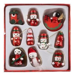 Set 10 decoratiuni din lemn pentru bradul de Craciun, inaltime 2.5 - 3.5 cm, cutie depozitare