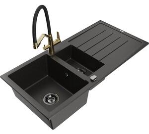 Mexen Andres chiuvetă de granit cu 1,5 cuve cu scurgător și baterie de bucătărie Duo, negru/auriu metalizat - 6515-75-671701-57-