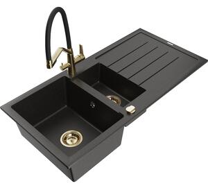 Mexen Andres chiuvetă de granit cu 1,5 compartimente cu picurător și baterie de bucătărie Duo, negru/auriu metalic - 6515-75-671