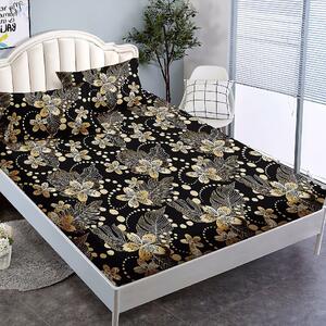 Husa de pat, 2 persoane, finet, 3 piese, cu elastic, negru cu flori si frunze aurii HPF253