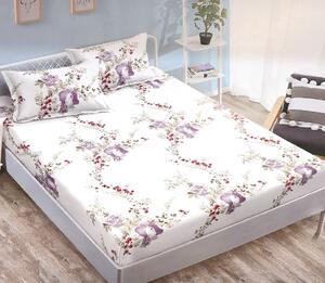 Husa de pat, 2 persoane, finet, 3 piese, cu elastic, alb cu flori HPF249