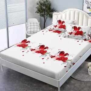 Husa de pat, 2 persoane, finet, 3 piese, cu elastic, alb cu inimi rosii HPF245