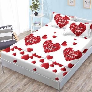 Husa de pat, 2 persoane, finet, 3 piese, cu elastic, alb cu inimi rosii HPF244
