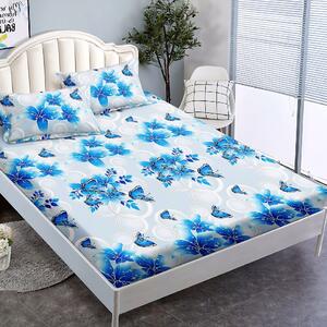 Husa de pat, 2 persoane, finet, 3 piese, cu elastic, albastru cu flori si fluturi HPF257