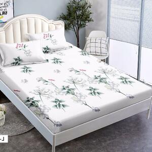 Husa de pat, 2 persoane, finet, 3 piese, cu elastic, alb cu flori si frunze verzi HPF254