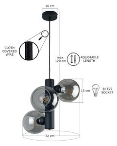 Lustră pe cablu TUBE 3xE27/60W/230V negru/transparent