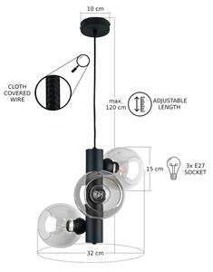 Lustră pe cablu TUBE 3xE27/60W/230V negru/transparent