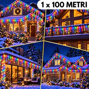 Instalatie de Craciun, 1 x 100 metri, franjuri tip turturi, fir gros, cu flash, exterior, multicolor