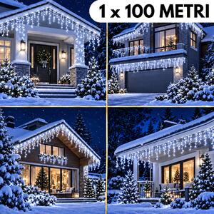 Instalatie de Craciun, 1 x 100 metri, franjuri tip turturi, fir gros, cu flash, exterior, alb rece