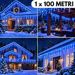 Instalatie de Craciun, 1 x 100 metri, franjuri tip turturi, fir gros, cu flash, exterior, albastru