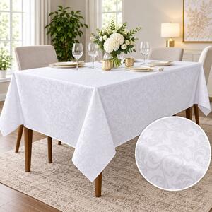 Fata de masa satinata jacquard alba 150x150 cm, damasc cu frunze stilizate