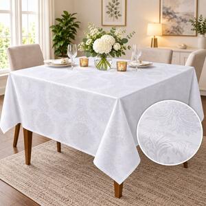 Fata de masa satinata jacquard alba 150x150 cm, damasc floral cu medalioane