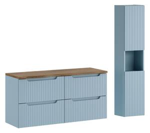 Set de baie suspendat: mască pentru chiuvetă cu blat și dulap tip coloană Nova, albastru denim/stejar casella