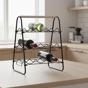 Suport pentru 9 sticle de vin, din metal negru cu mâner din lemn