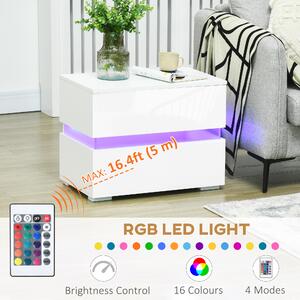 Noptieră cu LED HOMCOM | 2 Sertare cu Luciu | LED-uri RGB cu 16 Culori și 4 Moduri | Telecomandă | Alb | Aosom Romania