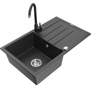 Mexen Bruno chiuvetă de bucătărie din granit cu 1 cuvă cu picurător și baterie Telma, negru cu pete - 6513-76-670200-70