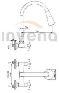 Invena Roma, baterie de perete cu brat elastic 150mm, bej-crom, INV-BC-24-E3S-L
