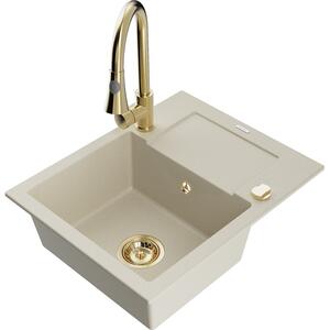 Mexen Enzo chiuvetă de granit cu 1 compartiment cu scurgător și baterie de bucătărie Elia, bej - 6506-69-670101-50
