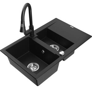 Mexen Gaspar chiuvetă de granit cu 1,5 cuve și scurgător, cu baterie de bucătărie Elia, negru - 6507-77-670101-70