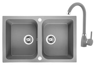 Laveo Celia, chiuveta granit cu 2 camere 760x480x184 mm + baterie chiuveta cu pipa in forma de U, gri, LAV-SBCE520T