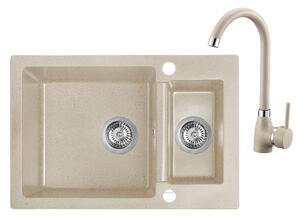 Laveo Celia, chiuveta granit 1,5 camere 650x440x195 mm + baterie chiuveta cu pipa in forma de U, bej, LAV-SJCA430T
