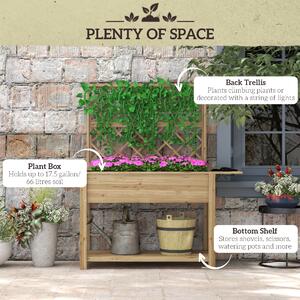 Outsunny Strat de gradina inaltat cu grilaj pentru plante cataratoare, Jardiniera inaltata din lemn cu rafturi laterale pliabile pentru legume, flori
