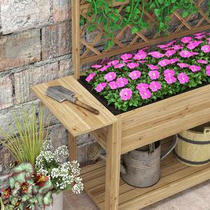 Outsunny Strat de gradina inaltat cu grilaj pentru plante cataratoare, Jardiniera inaltata din lemn cu rafturi laterale pliabile pentru legume, flori