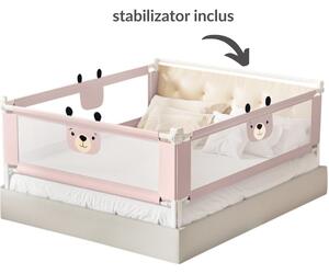 Set 3 bariere protectie pat culisante XXL + STABILIZATOR pentru pat 160x200 cm Kidizi Funny Bear Pink, certificare EN71, inaltime ajustabila 72-100 cm