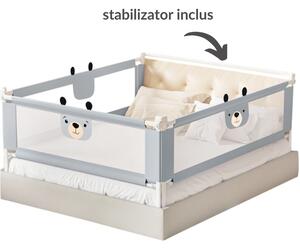 Set 3 bariere protectie pat culisante XXL + STABILIZATOR pentru pat 160x200 cm Kidizi Funny Bear Grey, certificare EN71, inaltime ajustabila 72-100 cm