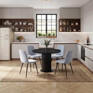Set Masă Bucătărie Rotundă Lorys Slim Negru Marmorat cu 4 Scaune Darien Bleu Ciel, Blat PAL, Ø90 × 75 cm