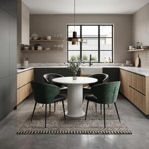 Set Masă Bucătărie Rotundă Lorys Slim Alb cu 4 Scaune Venezia Negru Verde, Blat PAL, Ø90 × 75 cm