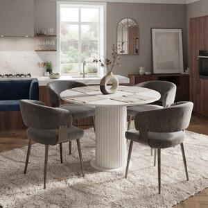Set Masă Bucătărie Rotundă Lorys Slim Alb cu 4 Scaune Ryga Gri, Blat PAL, Ø90 × 75 cm