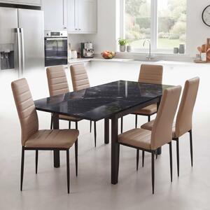 Set Masă Extensibilă Mara Negru Marmorat 130–170 × 75 cm cu 6 Scaune Oscar Maro Deschis, Piele Sintetica, Picioare Metalice Negre