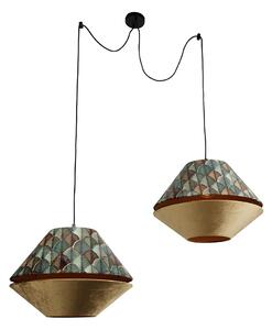 Hanglamp zwart met dubbele velours lampenkap blad dessin en beige 2-lichts - Cava Luxe