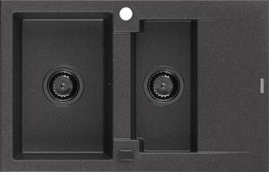 Mexen Gaspar, chiuveta granit 737x475x177 mm, 1,5 camere, pete negre cu sifon negru, 6507731505-76-B