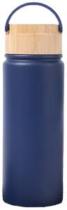 Sticla termos metalica Pufo Traveler cu capac etans din bambus, izoterm, 500 ml, albastru inchis