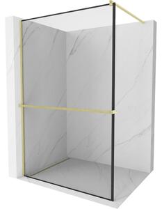 Mexen Kioto+, Paravan de duș Walk-In cu poliță și cuier 110 x 200 cm, sticlă transparentă de 8 mm model negru, profil auriu mat, 800-110-121-55-70