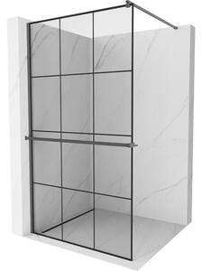 Mexen Kioto+, Paravan de duș walk-In cu poliță și cuier 120 x 200 cm, sticlă transparentă de 8 mm model negru, profil grafit, 800-120-121-66-77