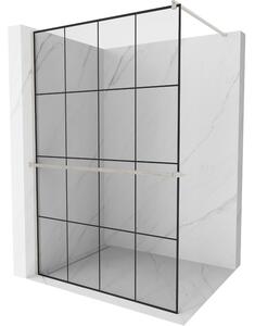 Mexen Kioto+, Paravan de duș cu poliță și cuier 130 x 200 cm, sticlă transparentă de 8 mm model negru, profil din oțel periat, 800-130-121-97-77